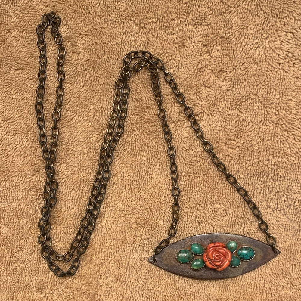 Artisan Bronze Necklace with Coral Rose and Teal Accents